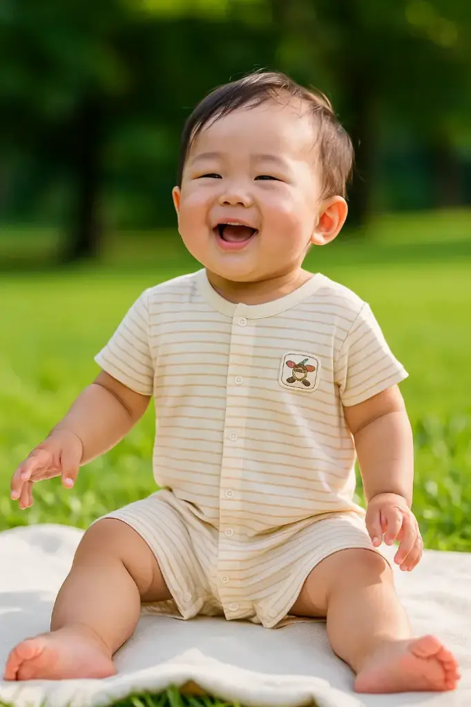 Bộ Romper ngắn tay, quần đùi có túi, kẻ nâu từ Bông Có Màu Tự Nhiên (Naturally Colored Cotton) - NatureColored