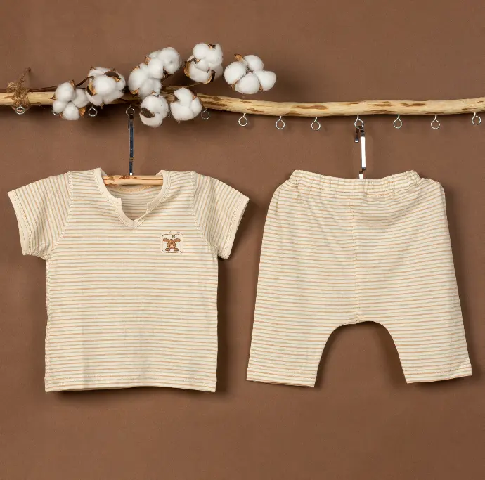Bộ quần áo cộc tay từ Bông có màu tự nhiên/ Naturally Colored Cotton, màu kẻ tự nhiên - NatureColored
