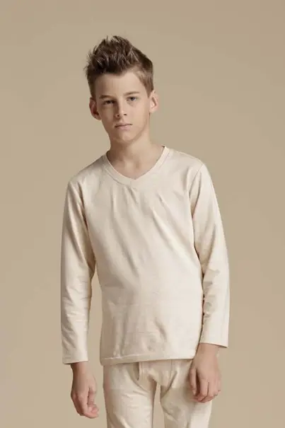 NatureColored 100% Organically Grown Naturally Colored Basic V-neck Top, Natural Light Brown for Boys