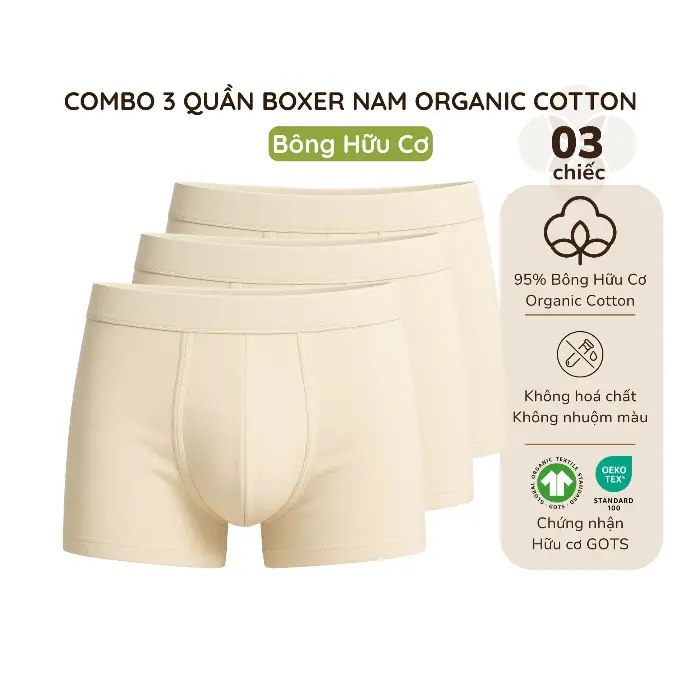 Combo 3 Chiếc Quần lót Trunk/Boxer nam Organic Cotton MIMI ORGANIC sợi Bông Hữu Cơ chải kỹ, thoáng mát, kháng khuẩn mềm mịn 