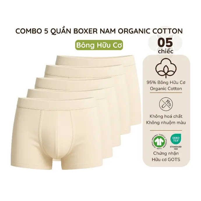 Combo 5 Chiếc Quần lót Trunk/Boxer nam Organic Cotton MIMI ORGANIC sợi Bông Hữu Cơ chải kỹ, thoáng mát, kháng khuẩn mềm mịn 
