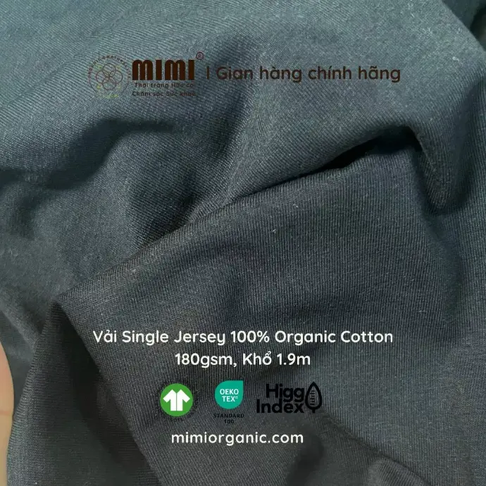 Vải 100% Organic Cotton GOTS Single màu đen từ thuốc nhuộm đạt tiêu chuẩn OEKO-TEX 180gms, khổ 1,9m