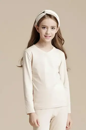 [G19TOW01WH] Áo thun cổ V bé gái từ 100% bông có màu tự nhiên I NatureColored 100% Organically Grown Naturally Colored Basic V-neck Top, Natural Light Brown for Girls