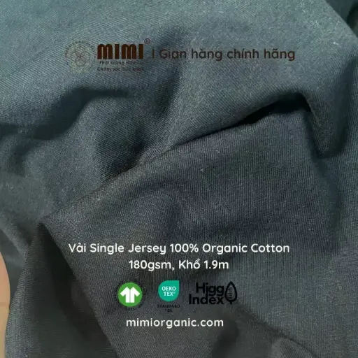 100% GOTS-certified organic cotton single jersey fabric, black (OEKO-TEX certified dye), 180 gsm, 1.9m width.